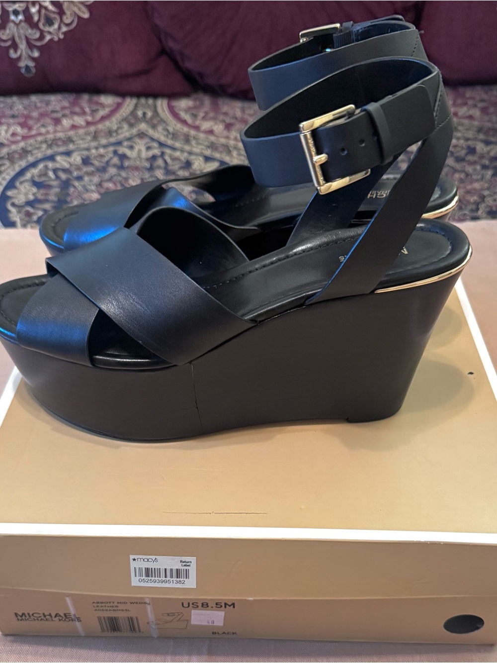 Michael Kors Black Leather Platform Wedge Sandals with Gold Buckle - Picture 7 of 7